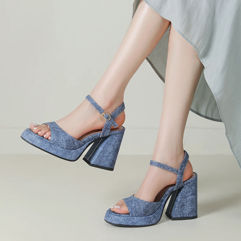 

Comfortable Denim Jeans Blue Grey Open Toe Platform Classic Woman Shoes Summer Chunky High Heels Designer Women Luxury Sandals