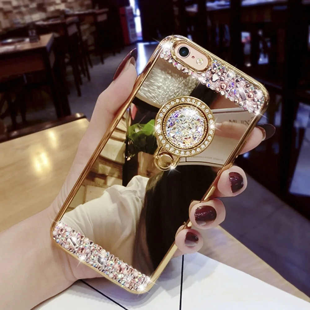 

Diamond Soft TPU Crystal Rhinestone Glitter Mirror Ring Holder Stand Phone Case For Samsung S22 Plus S23 S21 FE S20 Ultra S10