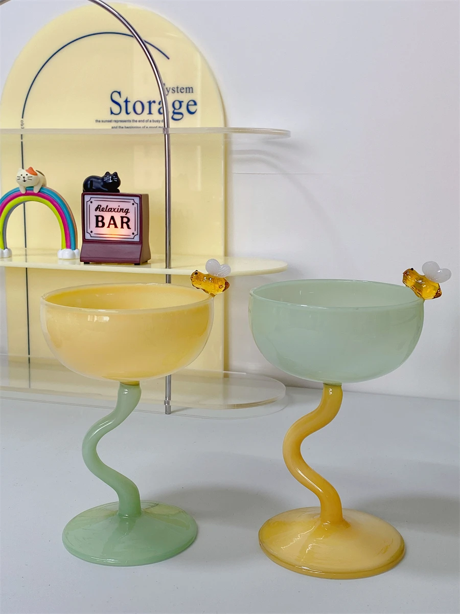 

Ins Style Ice Cream Cup Little Bee High Foot Glass Dot Red Wine Cup Yogurt Dessert Breakfast Cup Water Glass Wine Glass