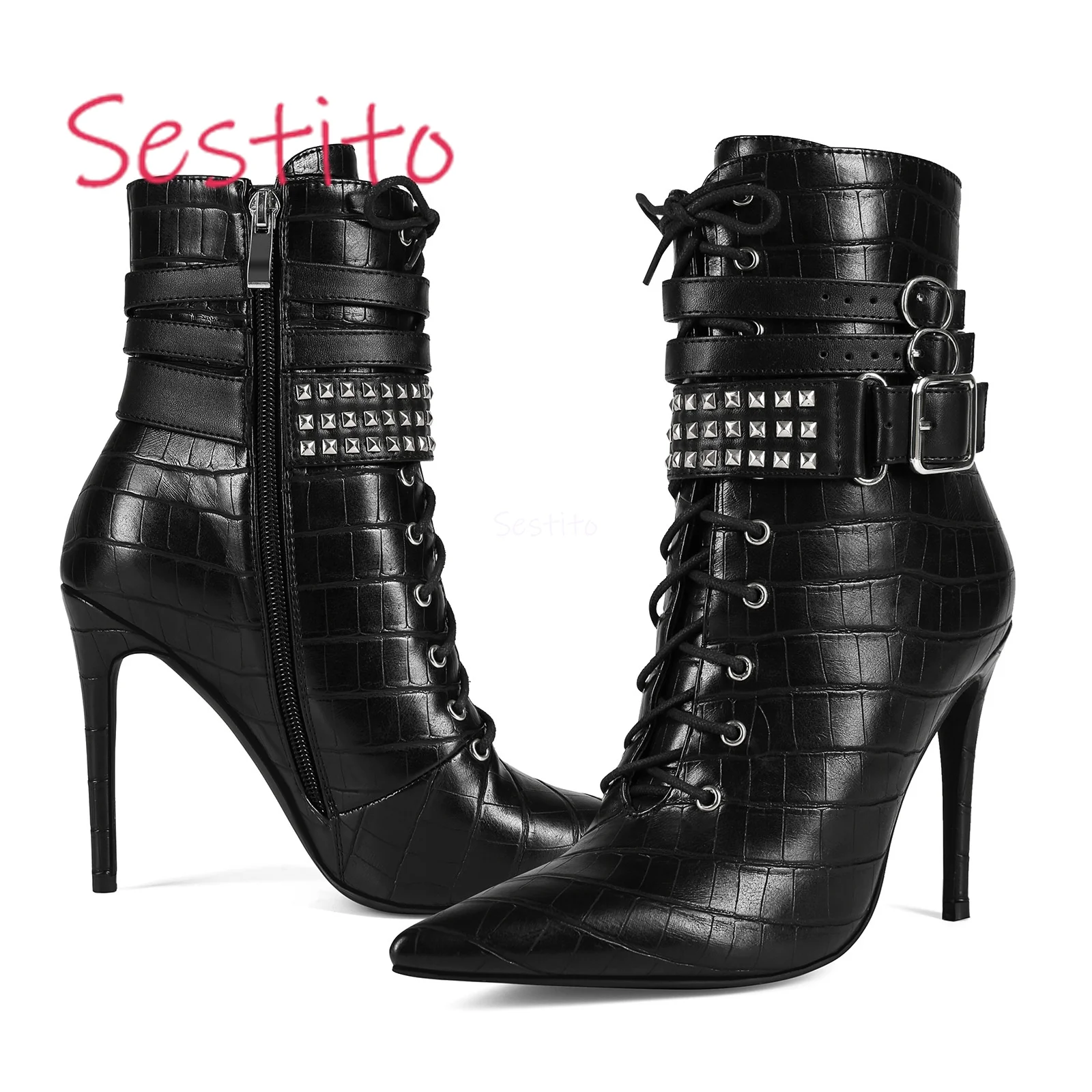 

Snake Patterned Short Boots Black Studded Side Zipper Design for Banquet Fashion Pointed and Sexy Slim High-Heeled Boots