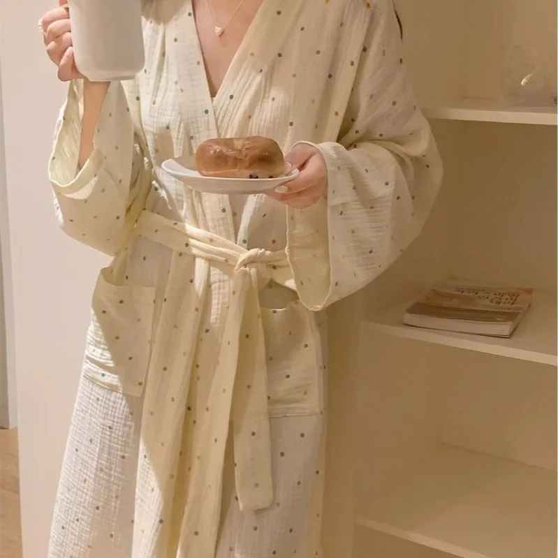 Simple Fresh Polka Dot Print Robe and Nightgown Women's New Apricot Long-Sleeve Home Wear Bathrobe for Spring and Autumn