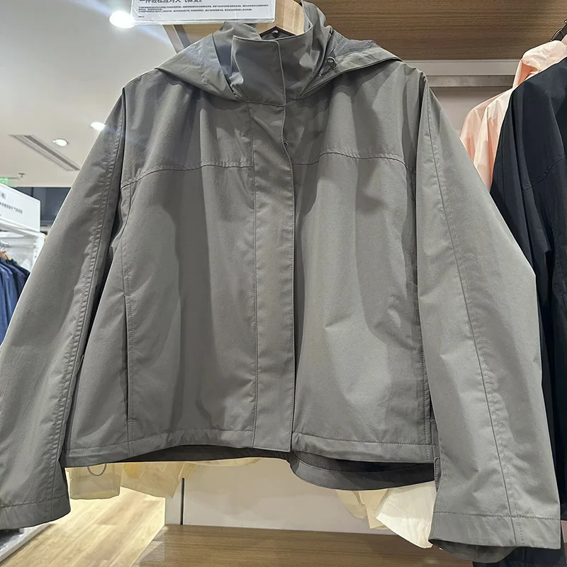2025 Spring New Women's Windproof Stand Collar Cocoon Jacket with Hood Short Overcoat Simple and Versatile Solid Color Jack