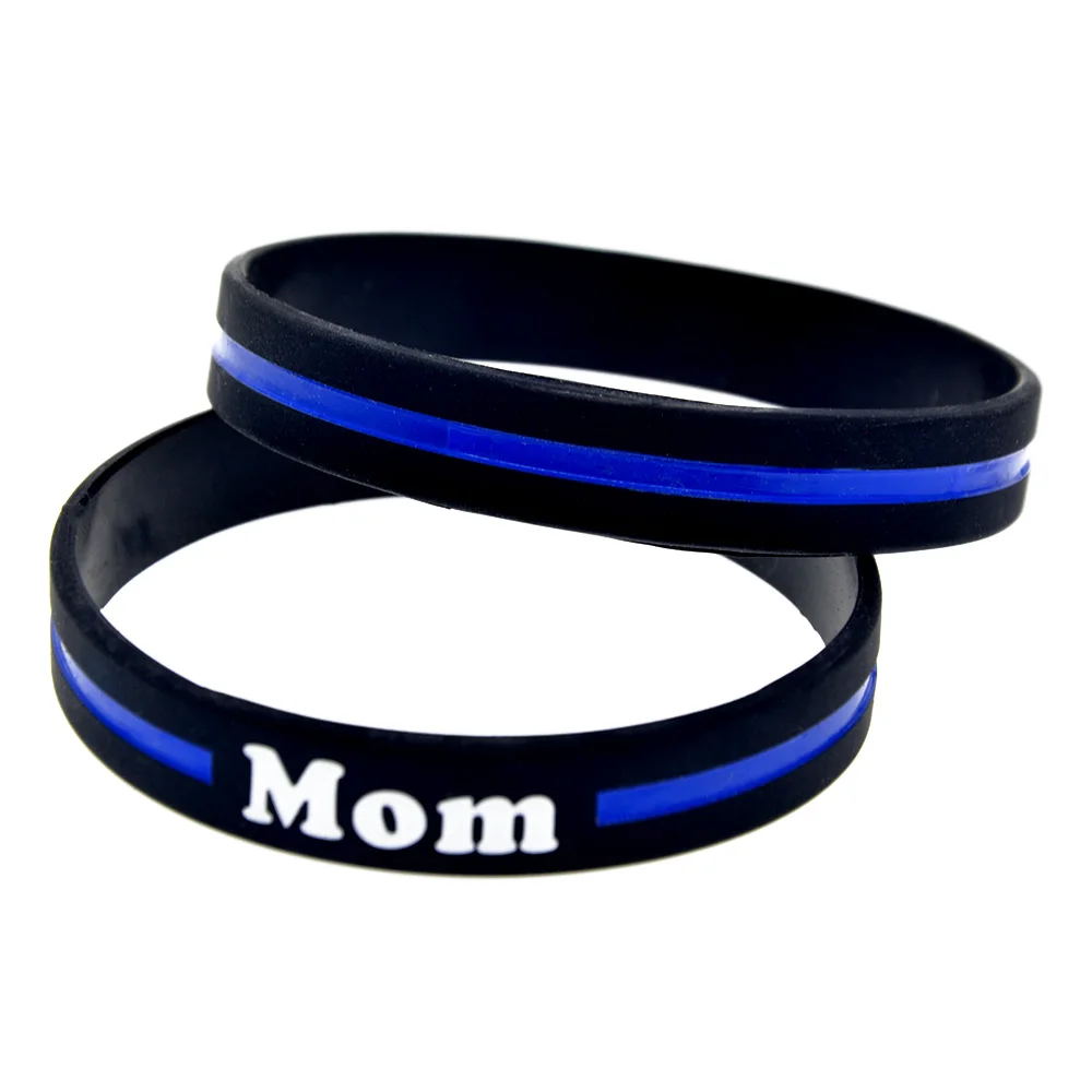 

50 Pcs Blue Line Mom Silicone Wristband 1/2 Inch Wide Black