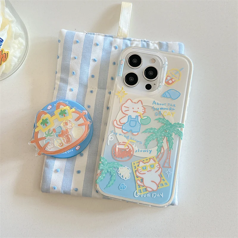 الصيف لطيف القط تهز حامل حامل جراب هاتف مغناطيسي آيفون 16 برو 14 15 برو ماكس 14 برو 16 برو ماكس غطاء حالات ل Magsafe #5