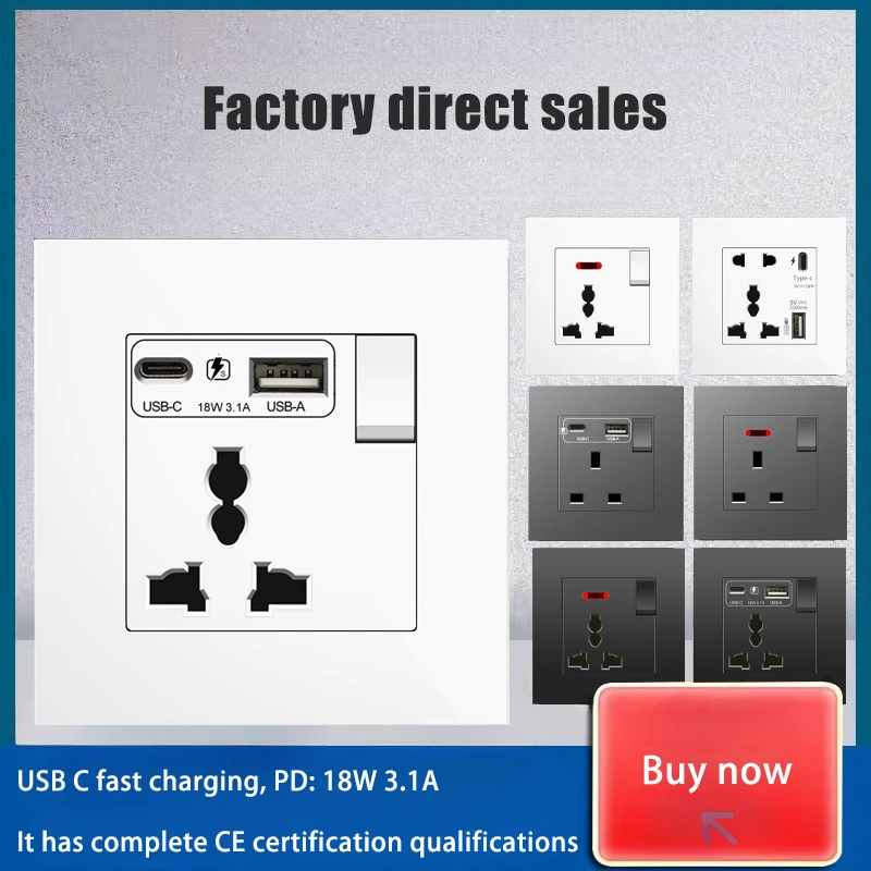 

Универсальная 5-контактная двойная розетка для быстрой зарядки, 18 Вт, стандартная настенная розетка 13 А с зарядным устройством USB 5 В постоянного тока 3,1 А Type-c