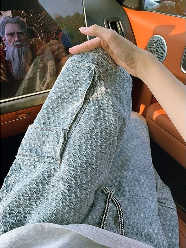 

American Textured Men's ort Jeans Summer Thin Straight Five-Point Pants Large ket Design Workwear Casual Youth Cotton Blend