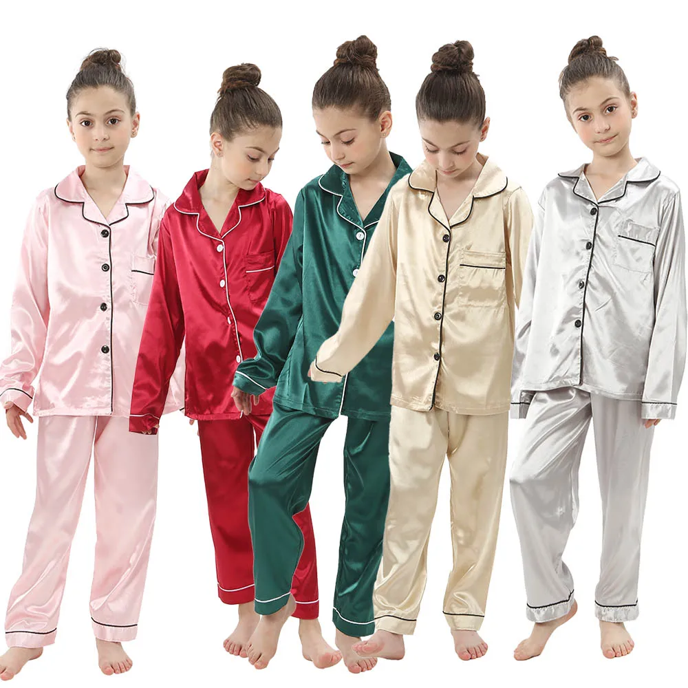 Candy Color Girls Satin Silk Pajamas Sets Kids Clothes Button Down Children\'s Sleepwear Boys Pyjamas Nightwear Teenager Pjs