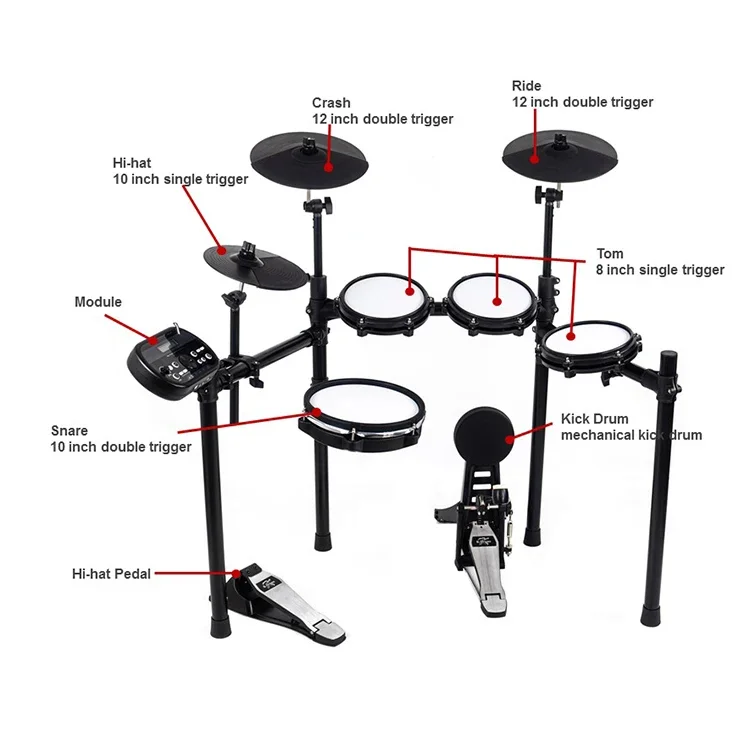 

Percussion Musical Instrument Digital Drum Professional Manufacture Mesh Head Electronic Drum Set With 5 Drums and 3 Cymbals