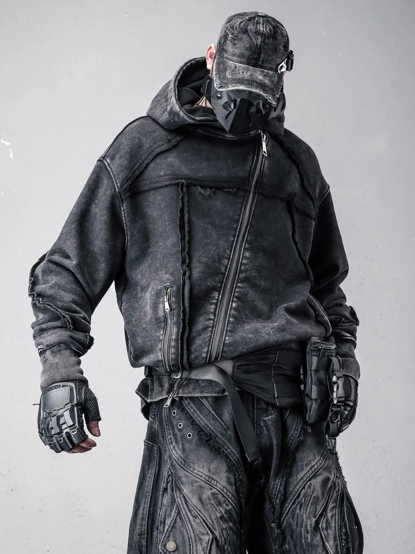 Men's Hoodie Jacket Spring Season Distressed Washed Zipper Hoodie Patchwork Deconstructed Post-Apocalyptic Style Long Sleeve
