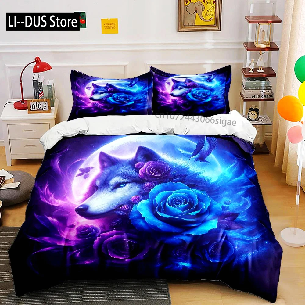 New Arrival! Wolf And Rose Print Bedding Set For Wolf Totem Lovers 1 Quilt Cover 2 Pillowcases Adult And Kids Bedding Set Gifts