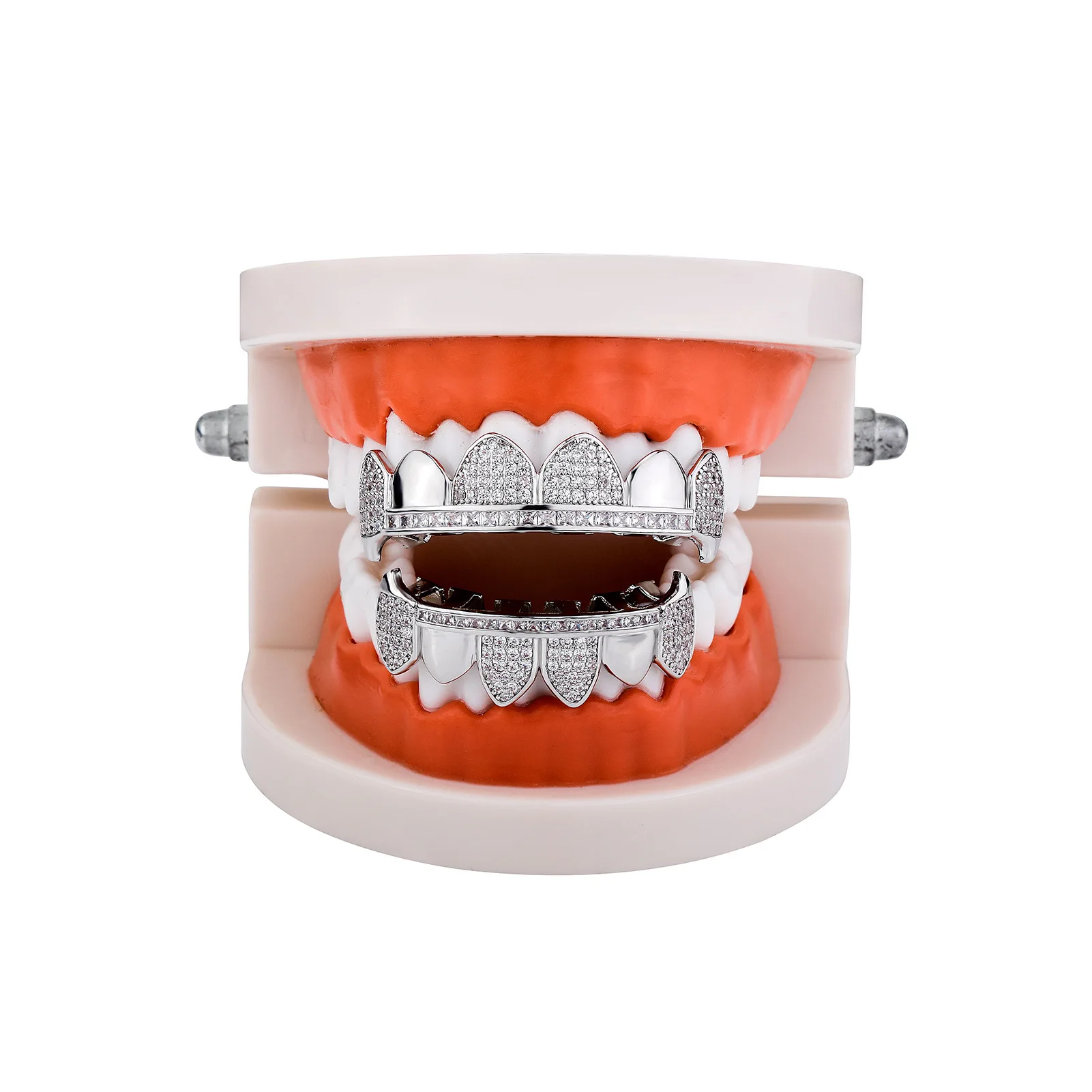 Gold Silver Half Iced Out Vampire Fang Grillz Upper Lower Copper CZ Bar Polished Teeth Caps Hip Hop Rapper Full Set Men Women