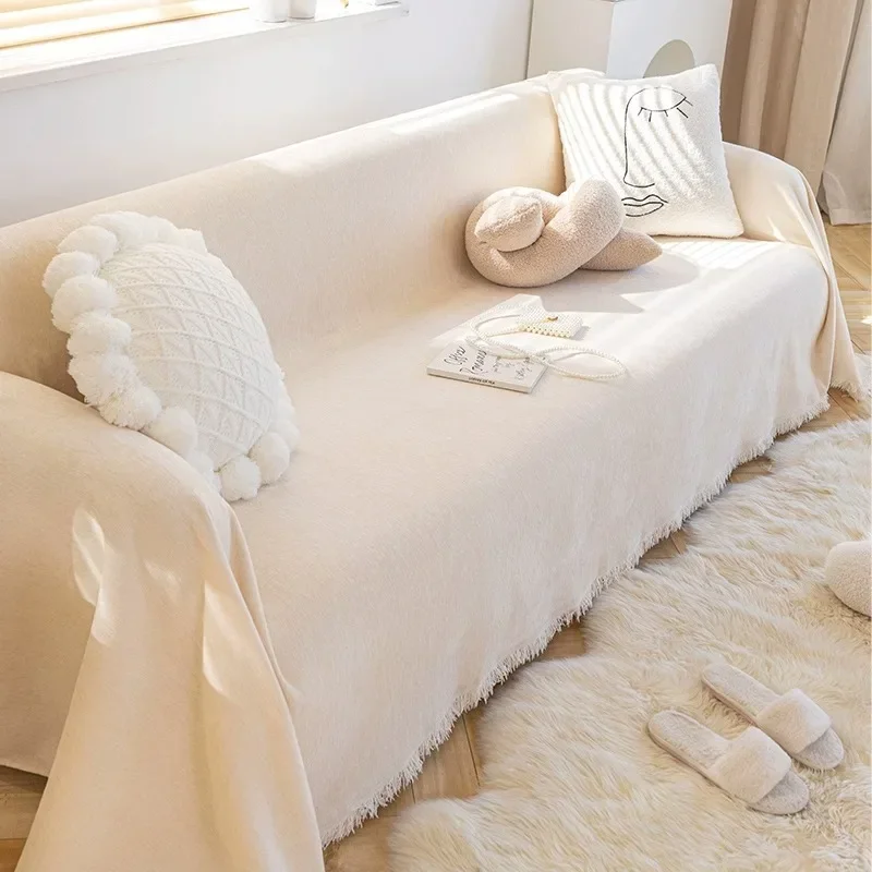 Cream Style Sofa Cover Chenille Universal Sofa Slipcover Anti-slip 3-Seater Couch Cover for Living Room Suitable for Pets