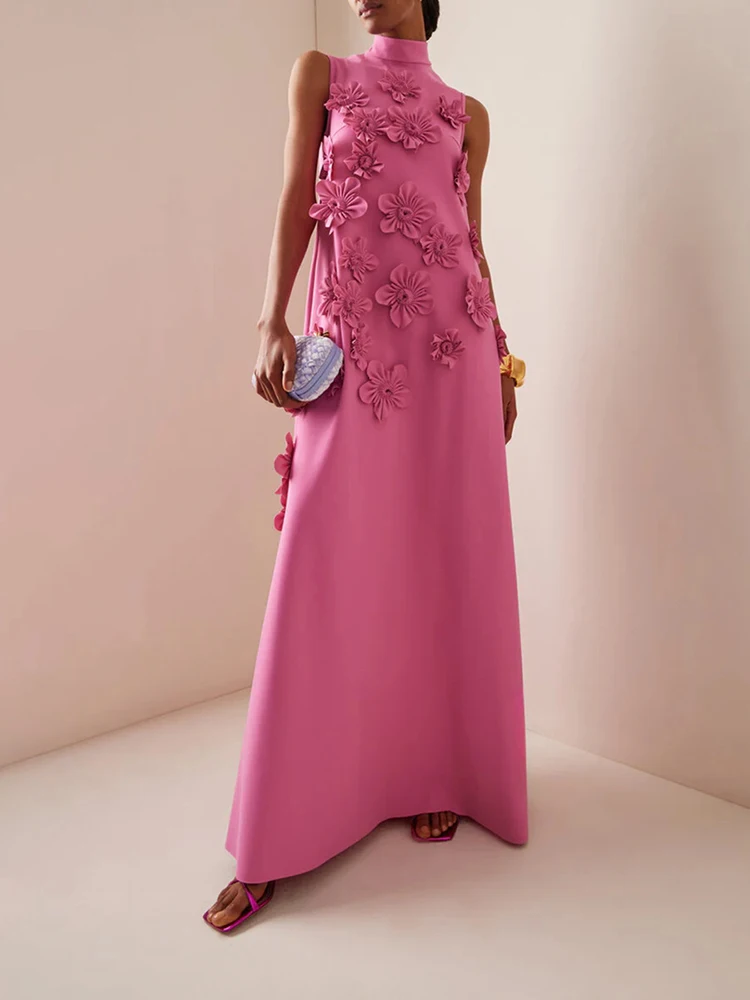 

Women Stand Collar Sleeveless High Waist Spliced Lace Up Elegant Dress Patchwork Design Appliques Chic Temperament Dress