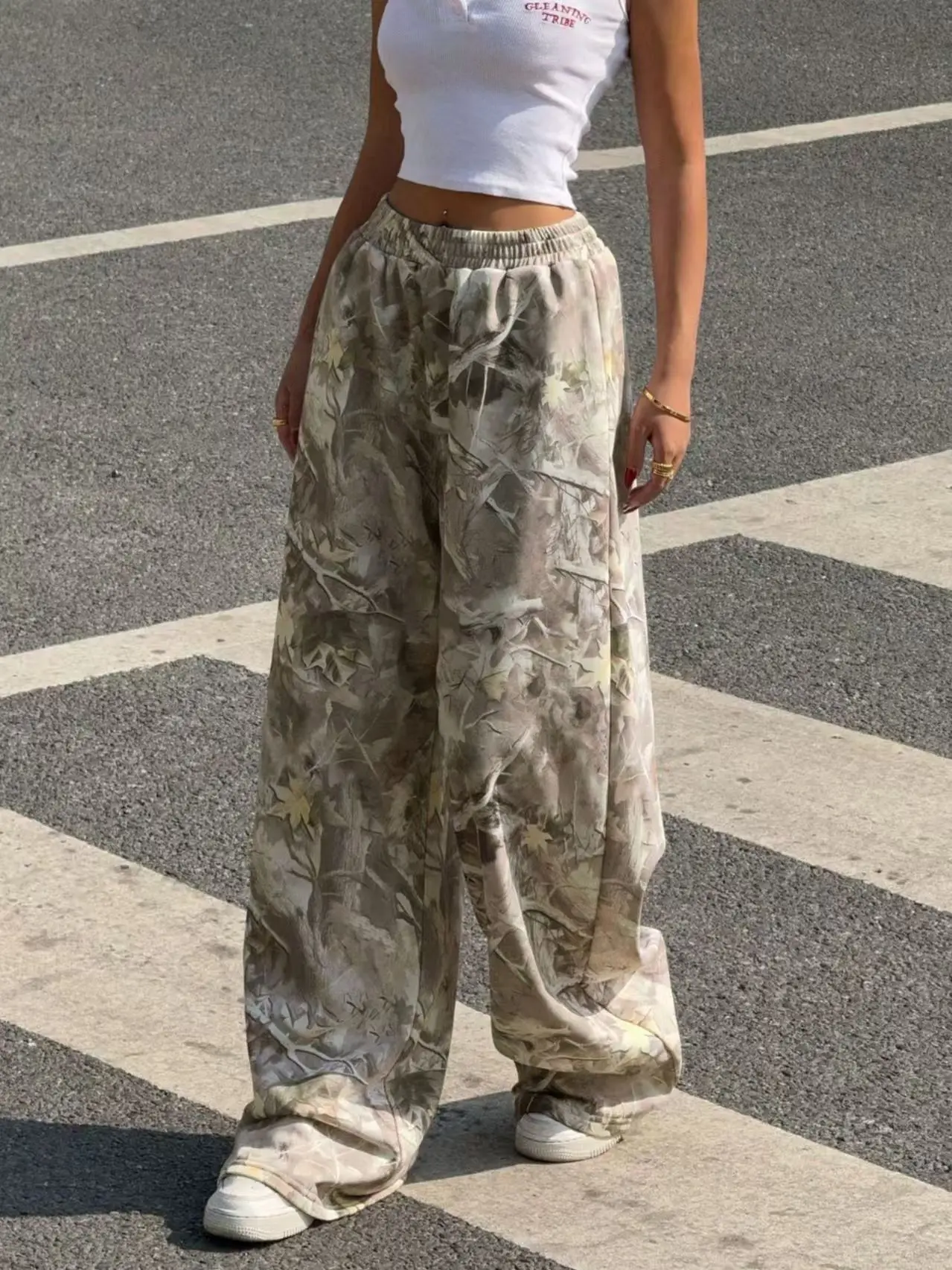 Y2K Hip Hop Streetwear Quick Dry Trousers Unisex Tree Camouflage Printed Loose Wide Leg Drawstring Summer Sports Long Pants