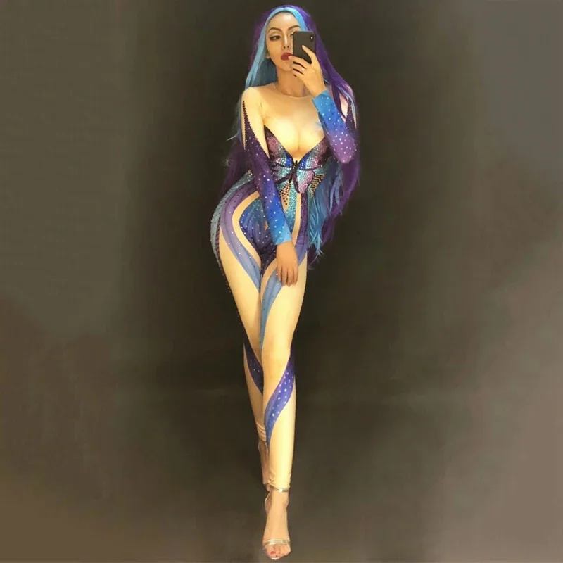 Tuta con strass a farfalla blu Tuta sexy con cristalli elasticizzati Tuta da donna Cantante Ballerino Stage Performance Wear Rave Outfit DT364