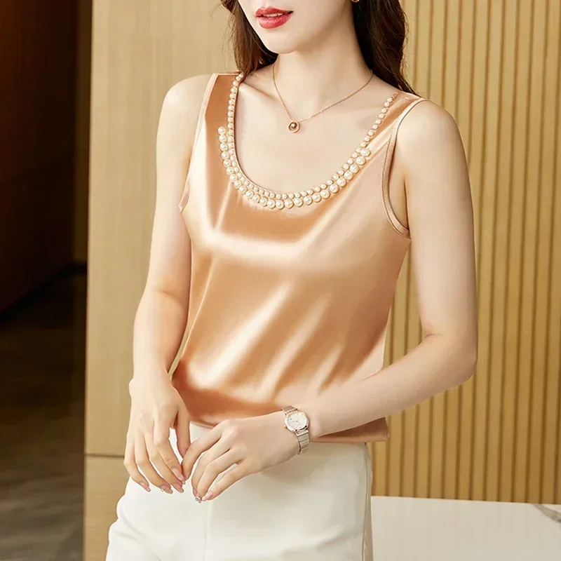 Fashion Satin Blouse Women Tank Tops Pearl Button Fashion Womens Tops Suit Bottom Shirt O-neck Elegant Women Clothing OL Blouses