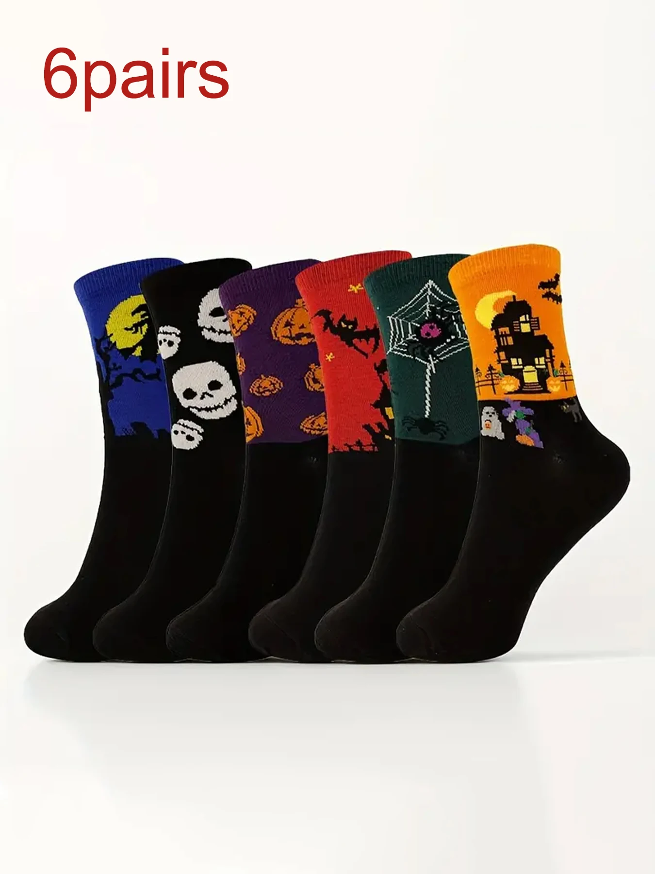 6pairs Halloween Style Men\'s Trendy Cartoon Bat Pumpkin Pattern Crew Socks, Breathable Comfy Casual Street Style Unisex Socks Fo