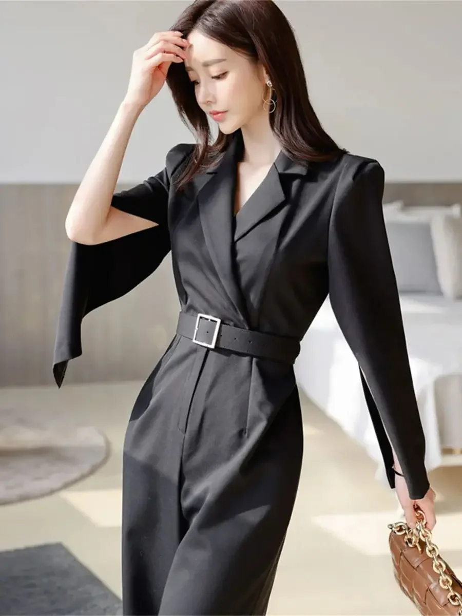 Elegant Autumn Business Jumpsuits Women Cape Sleeve Wide Leg Trousers Long Playsuits Casual Office High Waist Rompers