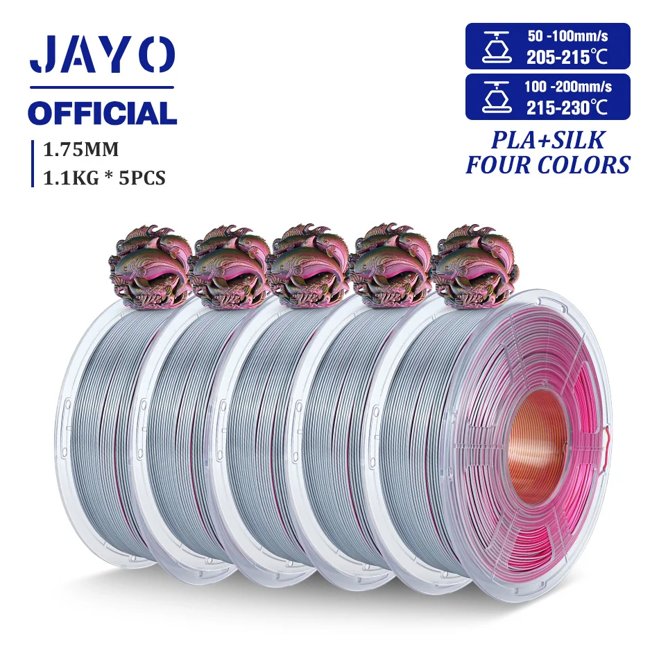 JAYO Zijde PLA + 3D Printer Filament 1.75mm Viervoudige Kleur 5 Rolls Zijde PLA 3D Printer Filament Glanzende Sillk Effect Filament