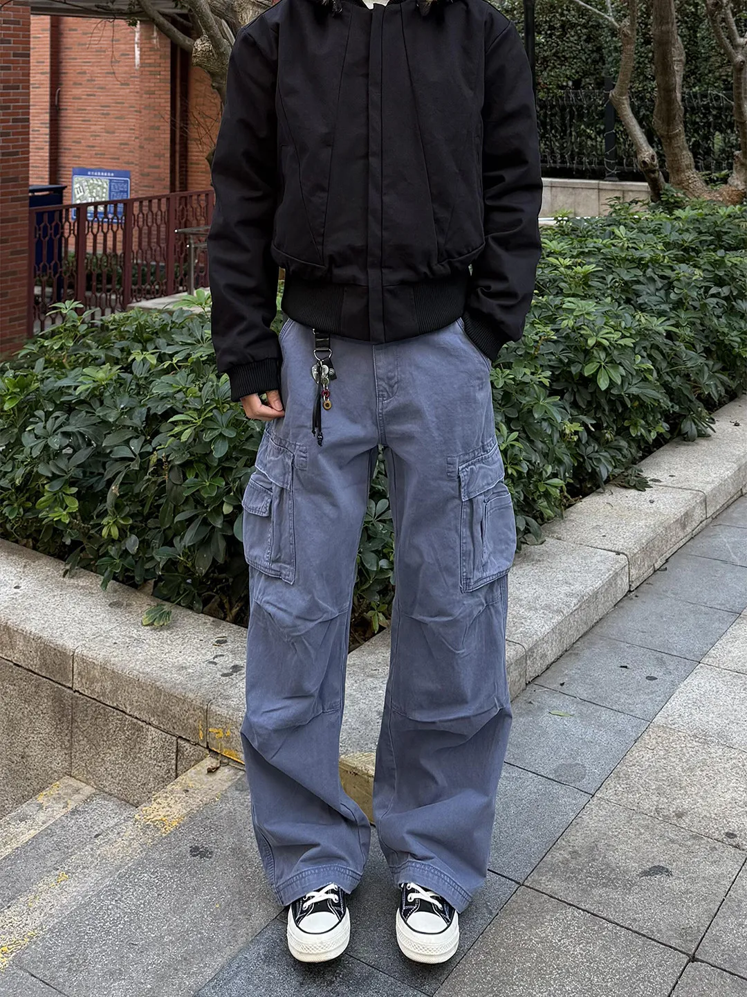 Blue Folded Knife Pattern Workwear Pants Men's Autumn Multiple Pockets Paratrooper Logging Straight Leg Wide Leg Casual Pants