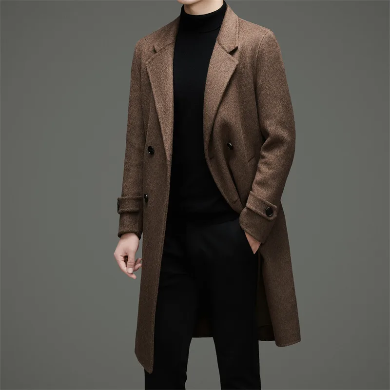 Classic British Style Men Double Breasted Cashmere Ovecoat Timeless Black Coffee Woolen Coat Gentlemen Winter Essential Attire