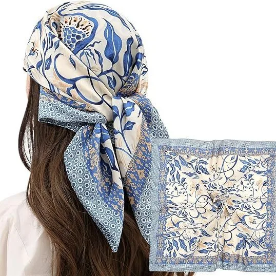 1pcs 70cm Floral Pomegranate Silk Scarf for Women Imitation Silk Light Blue Simple Versatile Headwear Clothing Square Scarf