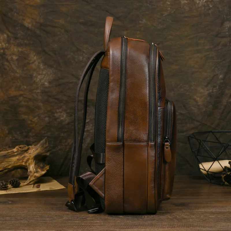 Full-Grain Leather Backpack for Men - Vintage Distressed Brown Rucksack, Spacious Anti-Theft Laptop Compartment