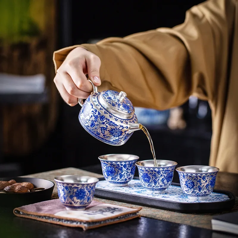 Sterling Silver Lotus Twigs, One Pot and Four Cups, Household Chinese Style Kung Fu Tea Set, Ceramic Tea Maker, Conference Gift