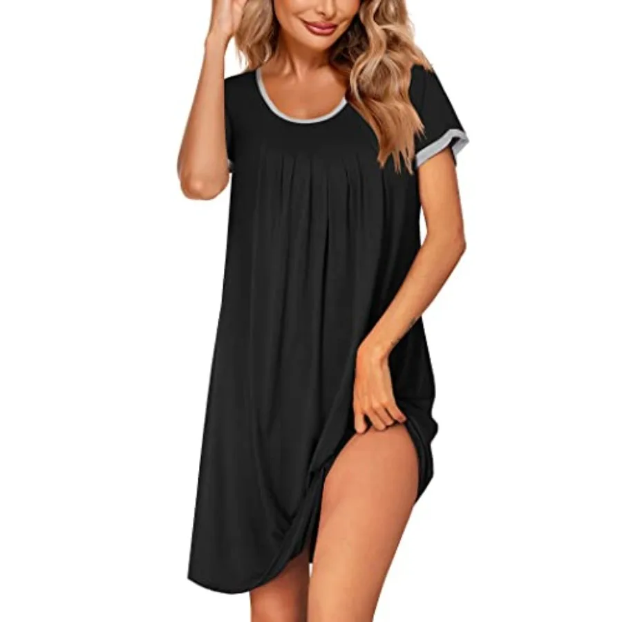 

Women's Nightgown Short Sleeve Sleepwear Comfy Sleepshirts Pleated Scoopneck Nightshirt S-XXXL