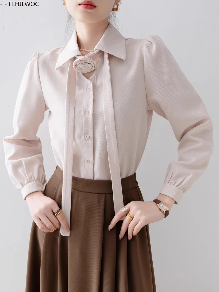 Corduroy Shirts Fashion Women Christmas New Year Korean-Style Vintage Hong Kong Girls Casual Simple Button Rose Bow Tie Tops