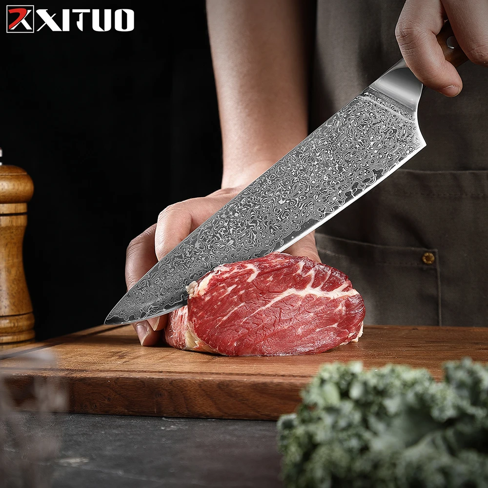 Ultra Sharp Damascus Kitchen Knives Japanese VG10 Steel Core  Chef Cooking Knife Blue Resin Stabilized Wood Handle Fruit Knives