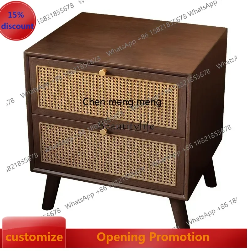 

New Arrivals New styleNN Chinese solid wood bedside table rattan log storage locker double drawss 7304