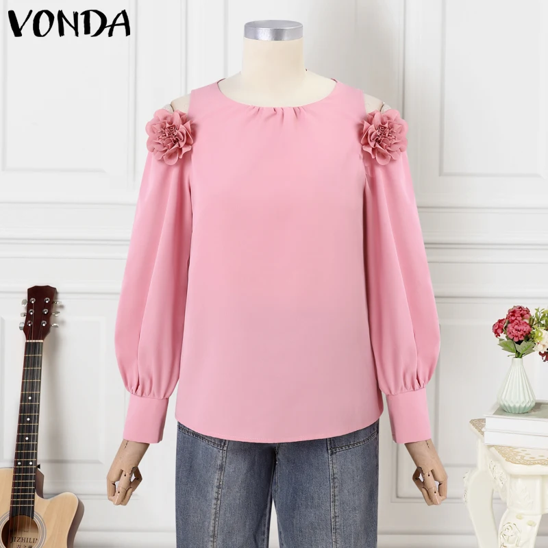 플러스 사이즈 5XL VONDA 여성 블라우스 오프 숄더 탑 캐주얼 솔리드 컬러 블라우스 긴 소매 O넥 플라워 튜닉 오버사이즈 셔츠