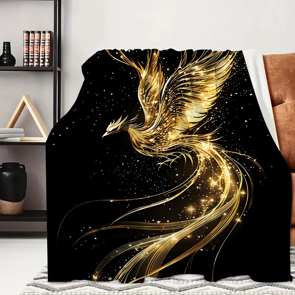 1pc Golden Glowing Phoenix Black Background Print Flannel Blanket, Skin-friendly and Cozy, Suitable for Blankets, Kid Bed Covers