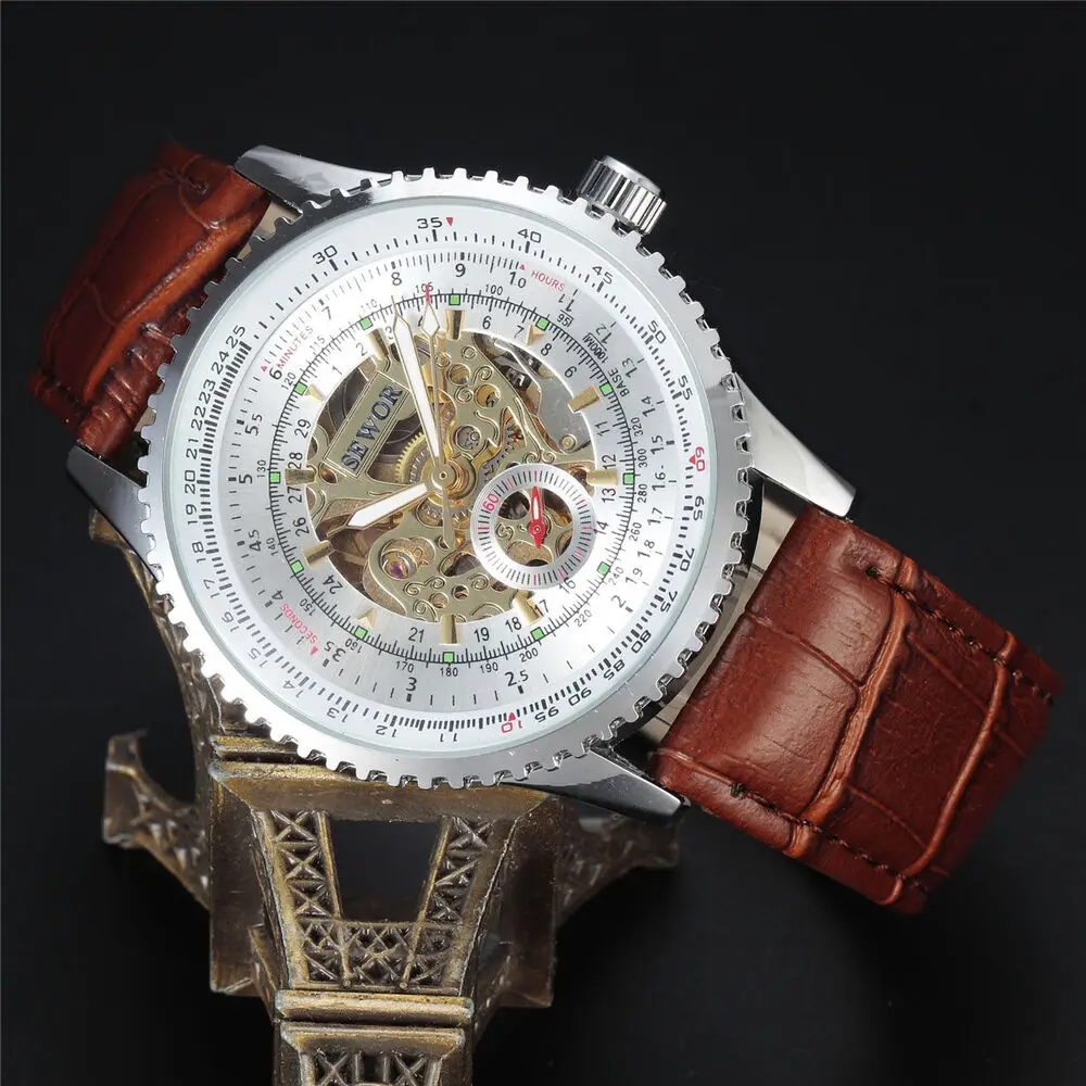 Sewor Skeleton Mechanical Automatic Self Wind Mens Fashion Gents Silver Case Watch Brown Leather Strap Analog Watch New Arrival