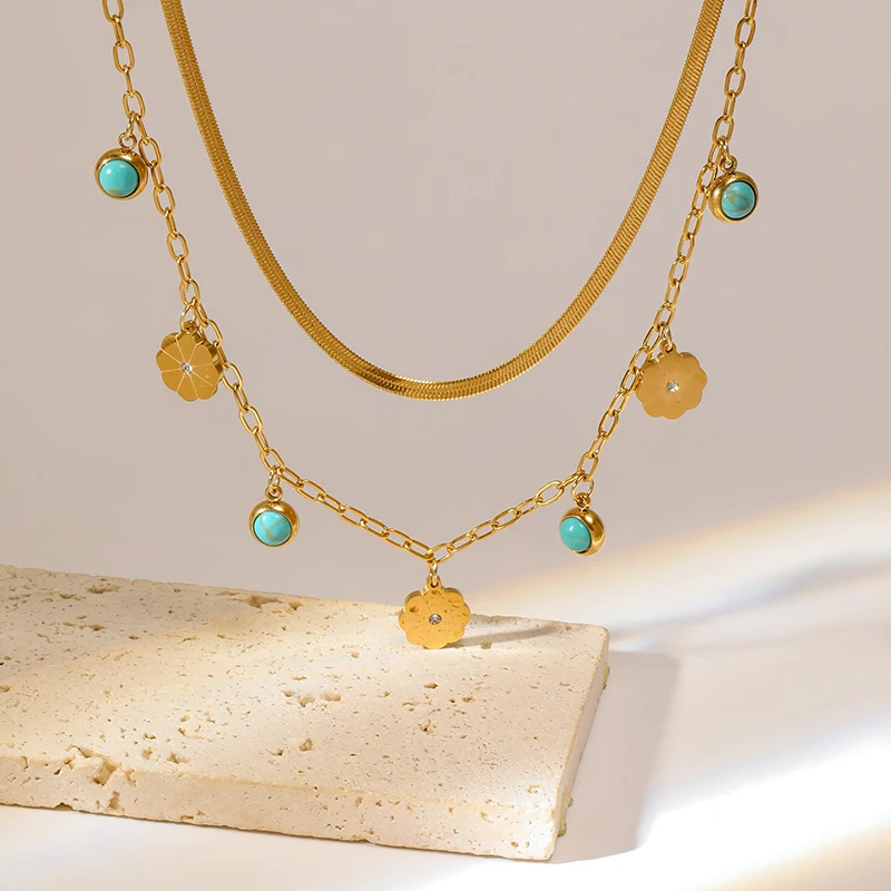 EILIECK 316L Edelstahl-Schmuck Mehrschichtige Halsketten mit grünem Steinanhänger für Damen Vintage Choker Halsketten-Accessoires – Detail 11