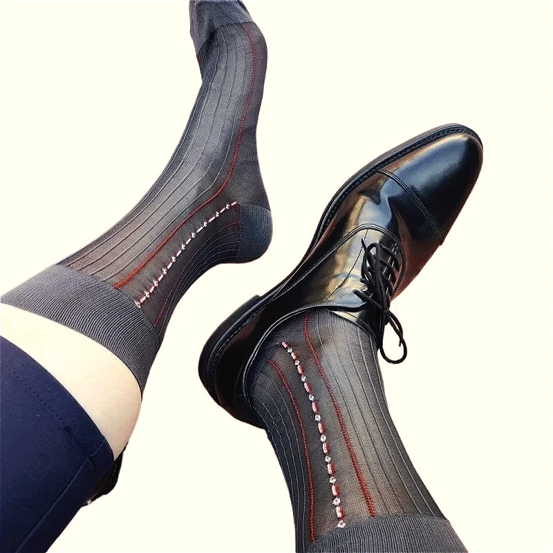 Chaussettes Jacquard pour hommes, chaussettes habillées d'affaires rayées à la mode pour hommes, bas formel transparent transparent, doux, Clubwear, chaussettes pour hommes
