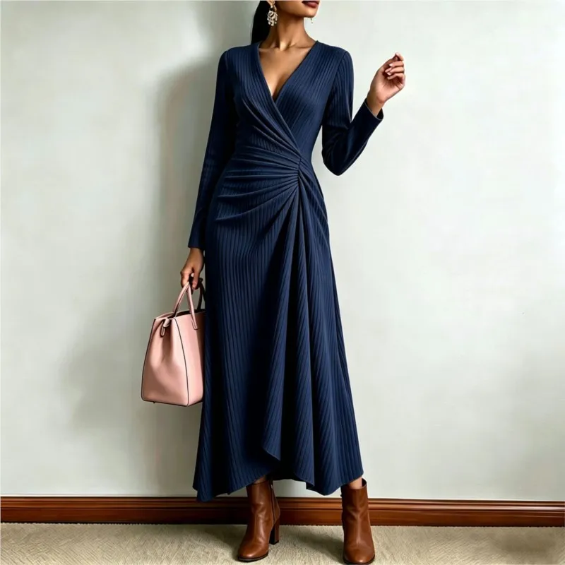 2026 Autumn Knit Dress New Pit Strip Solid Color V-Neck Long Sleeve Irregular Hem Maxi Long Dress  Wedding Guest Formal Party