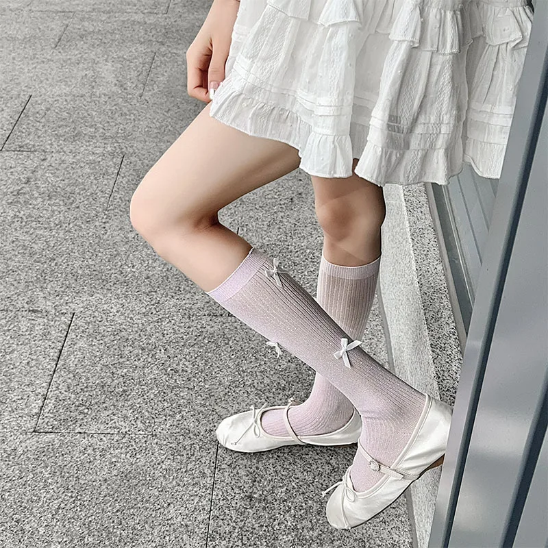 

JK Knee Socks Stockings Women Ballet Style Bow Sweet Girls Long Socks Women Stockings Lolita Kawaii Silver Silk Socks Stockings