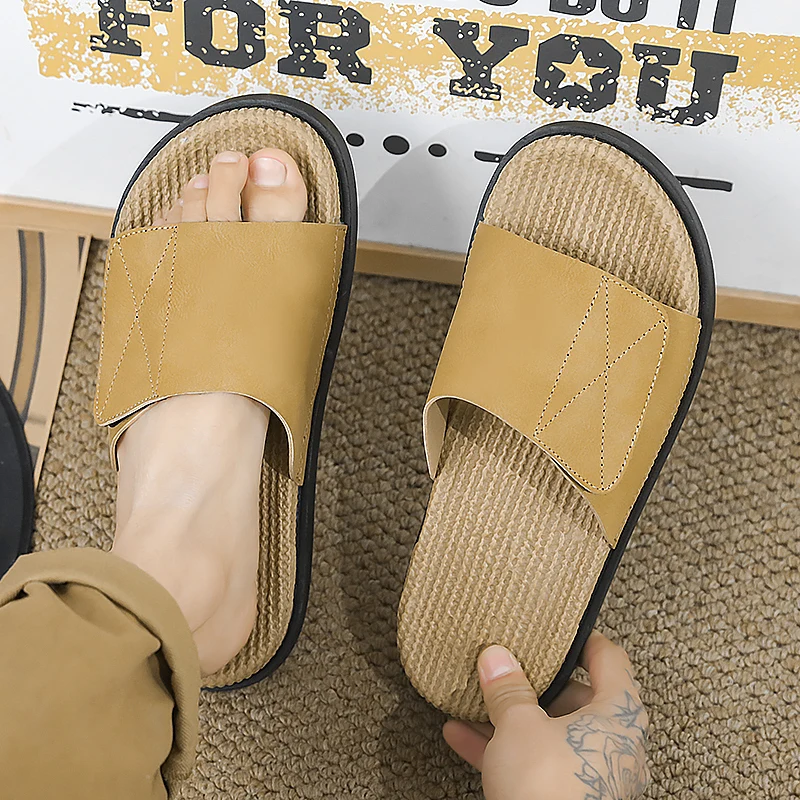 Men's Summer Outdoor Anti-slip Thick Bottom Casual Sports Soft Bottom  Grass Woven Trendy Slippers Home Wear
