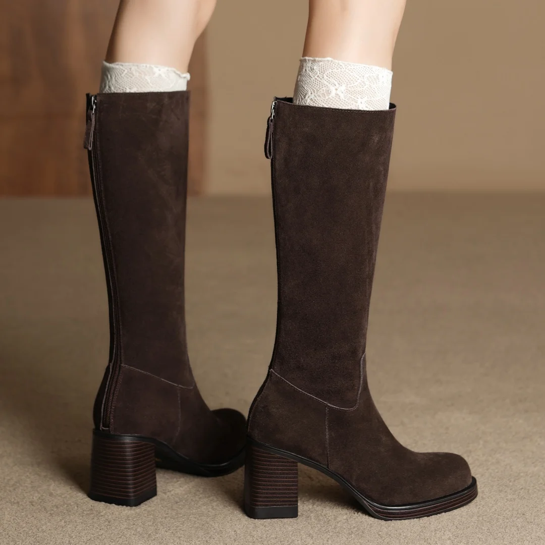 المرأة جلد الغزال الطبيعي جولة تو الظهر البريدي الخريف حذاء برقبة للركبة 7.5 سنتيمتر كعب مكتنز منصة أنيقة السيدات أحذية طويلة الساخن #1