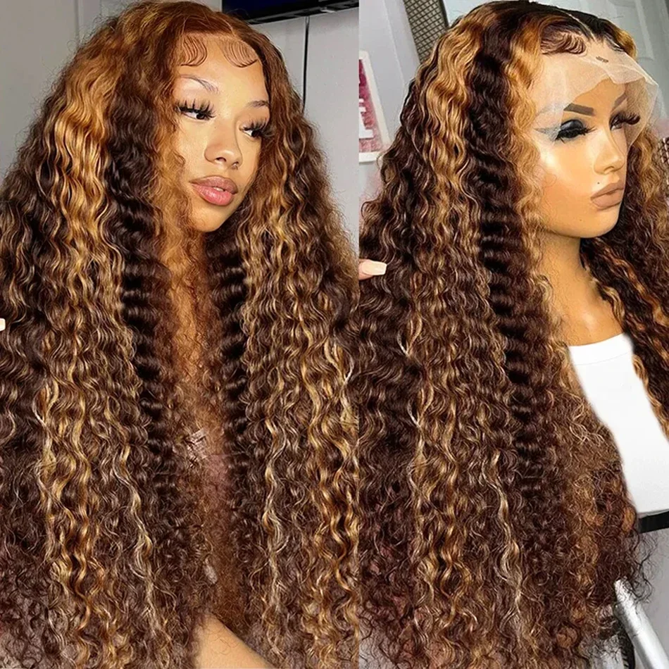 34 inch 4/27 Highlight 13x6 Lace Front Wig Deep Wave Curly Colored Honey Blonde 13x4 Lace Frontal Pre Plucked Wigs For Women