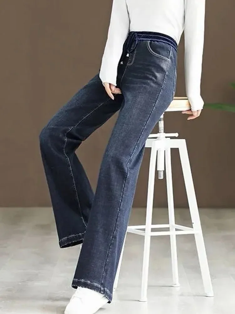 Imagem -04 - Calça Jeans de Perna Larga Feminina Grossa com Veludo Forrado Jeans de Cintura Alta com Renda para Cima Quente Calça Reta Inverno