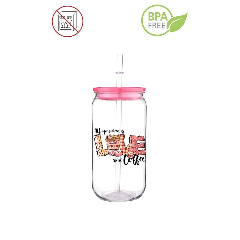 Love Drink Design Theme Printed Transfer BPA Free Plastic Straw Cup Comes With Sreaw And Cup Lid Can Coffee 16 OZ