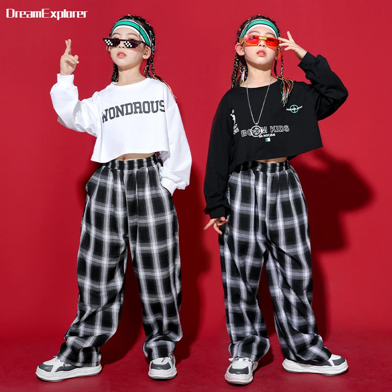 

Girls Hip Hop Crop Top Plaid Pant Clothes Sets Kids Children Streetwear Sport Sweatshirt Outfit Teen Jazz Street Dance Costumes