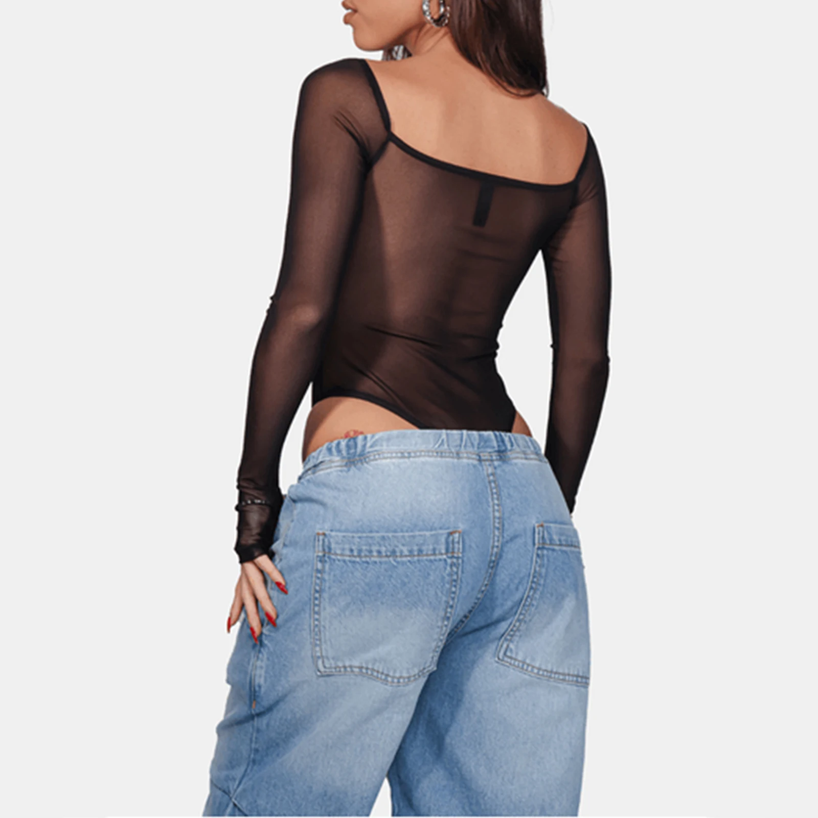 Mono de manga larga con cuello en V para mujer, ropa de discoteca Sexy, ajustado, transparente, Verano