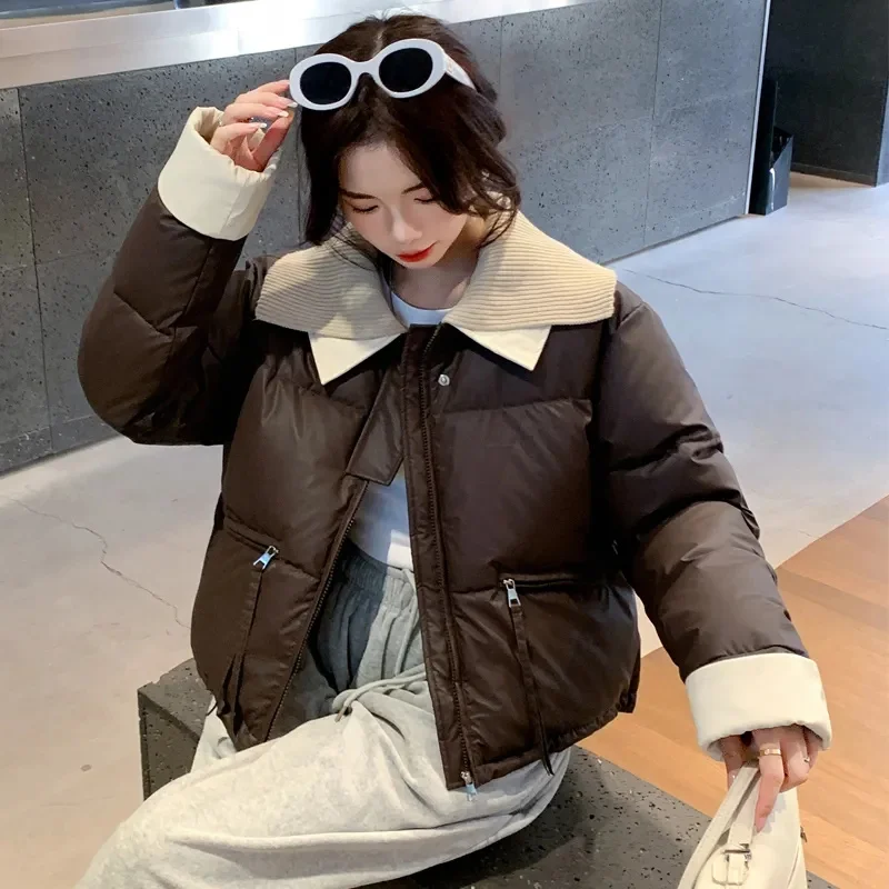Short and Petite Down Cotton Jacket for Women in Winter 2024 With Loose Cesign and Patchwork Collar Cotton Jacket for Commuting