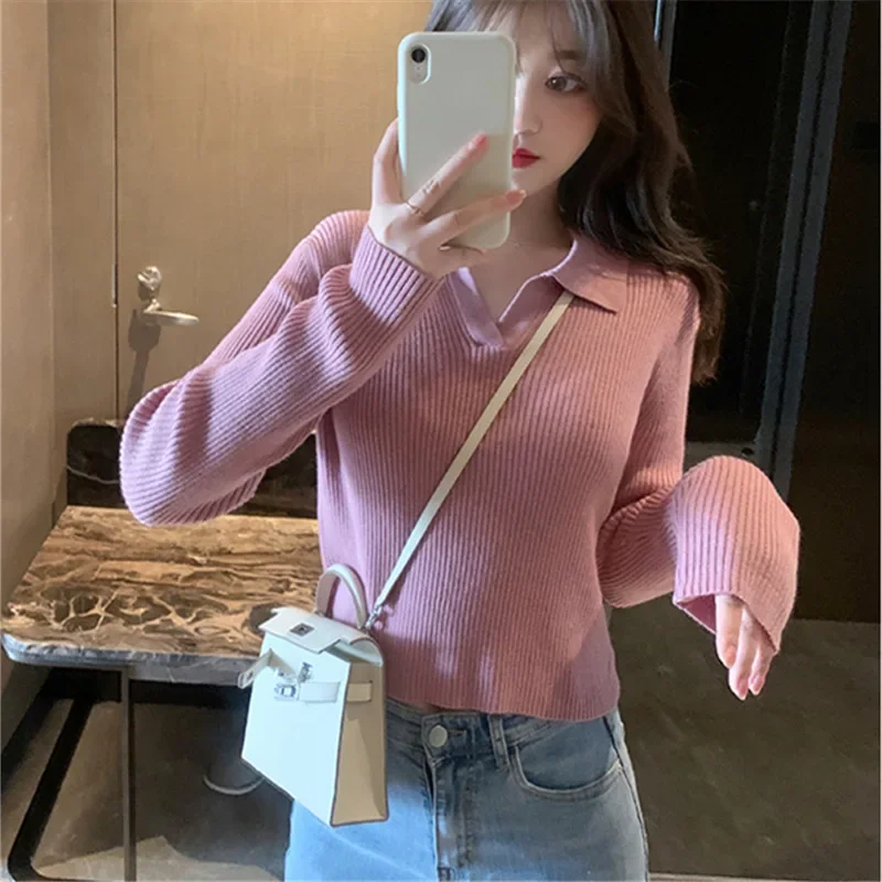 Korean Version Fashion Knitted Sweater Women\'s Autumn Winter Pullover Solid All Match Sweater Simplicity Lapel Bottoming Top