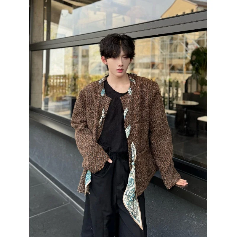 

Retro Autumn Winter Men's ort Woolen Jaet with Silk Scarf Decoration Luxury Sensation Casual Sle Faionable Coat