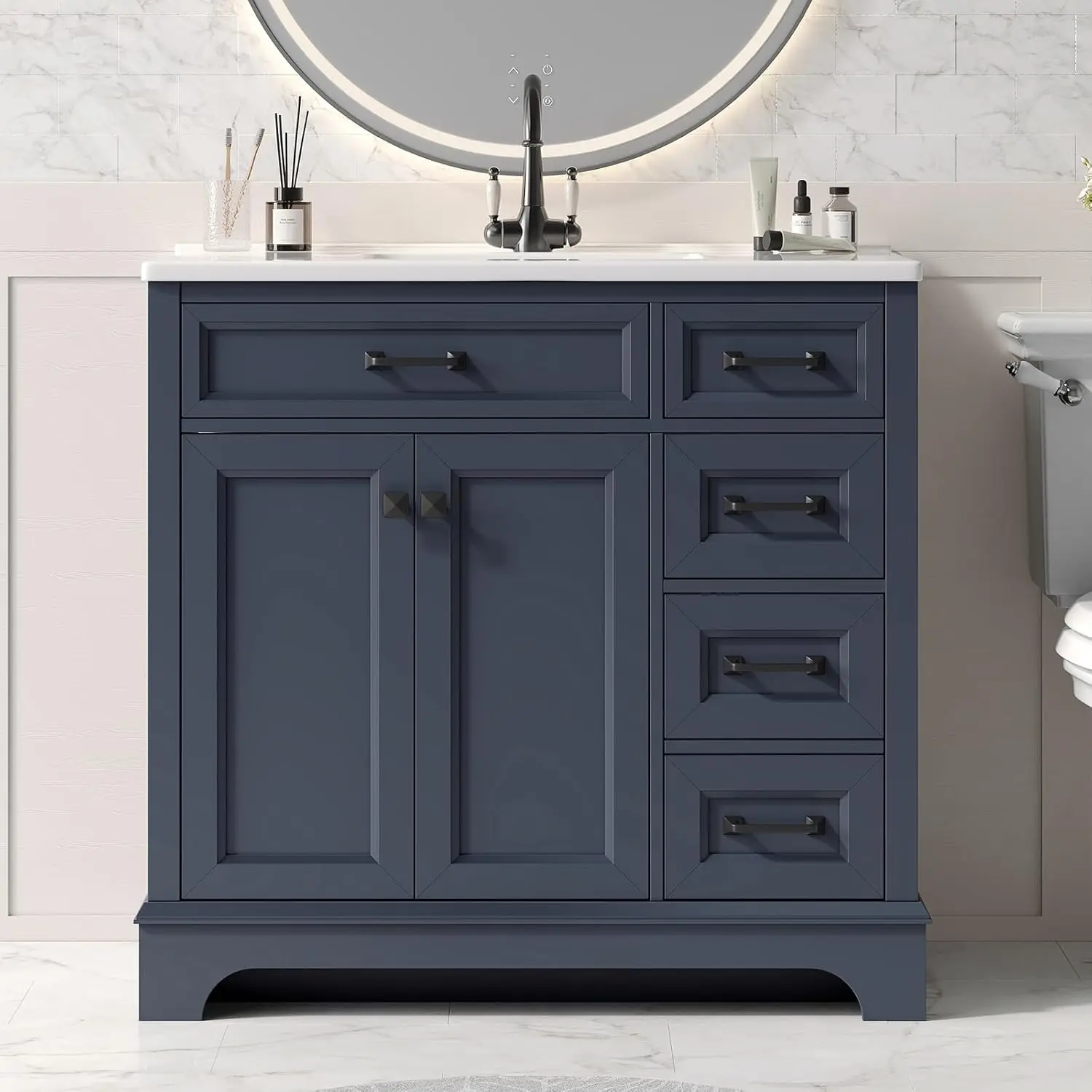 

36in Modern Freestanding Bathroom Vanity Ceramic Sink Cabinet 2 Soft Close Doors 2 Drawers Adjustable Shelf Blue Customized
